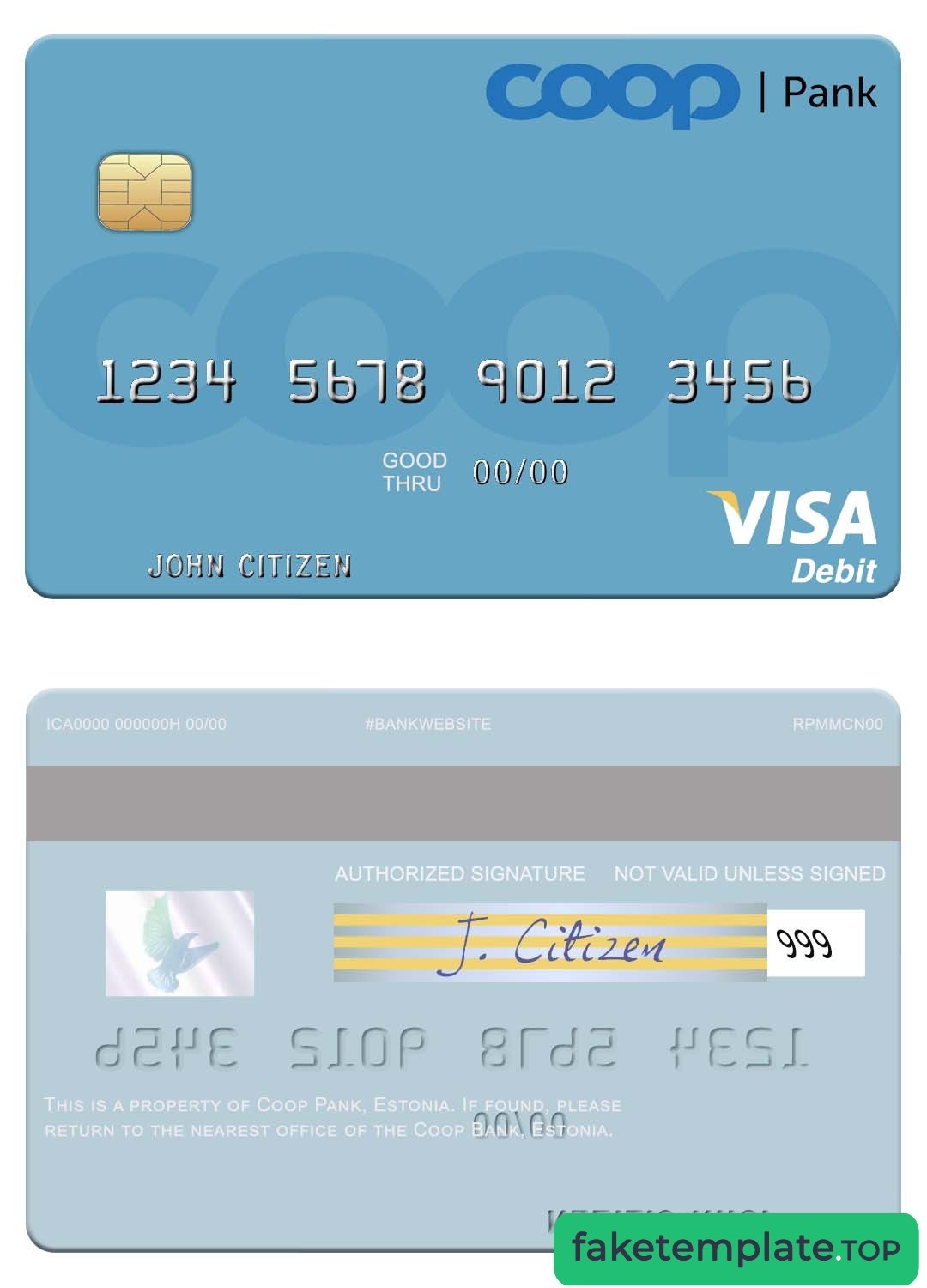 Feature of fake Estonia Coop Pank visa debit card example card